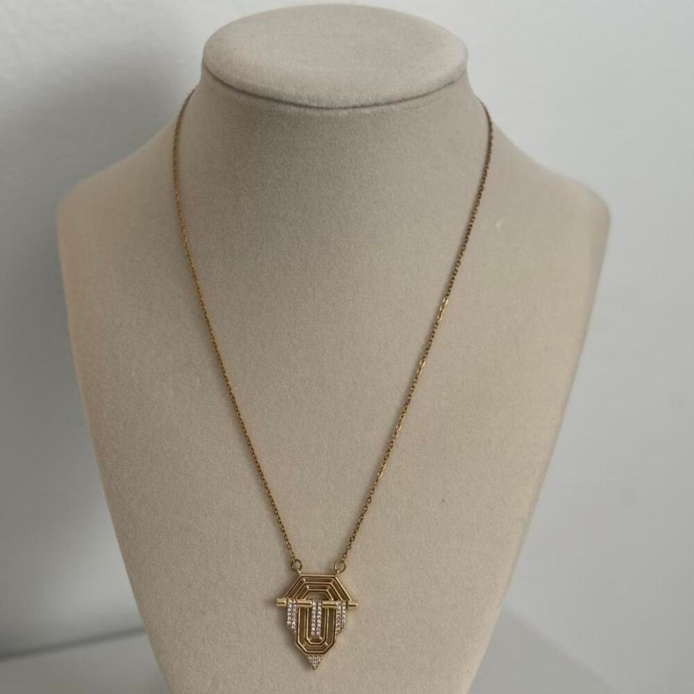 Gold Tone Geometric Pendant Necklace Clear Rhinestone Elegant Statement Jewelry - Picture 4 of 5